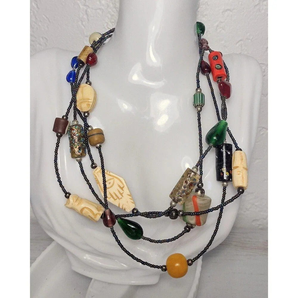 Art Glass Trade Beads Carved Scarab Cane Glass Beaded Statement Necklace